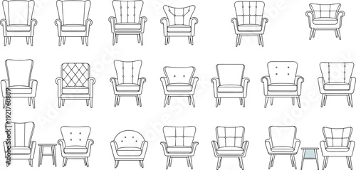 Armchair furniture line art collection featuring classic and modern upholstered chairs, living room seating designs isolated vector illustration set