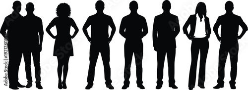 Business people silhouettes, diverse men women standing confident poses, hands on hips, professional group team, black vector illustration collection set
