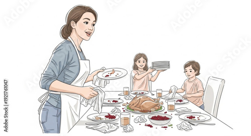 Mother Serving Meal to Children.