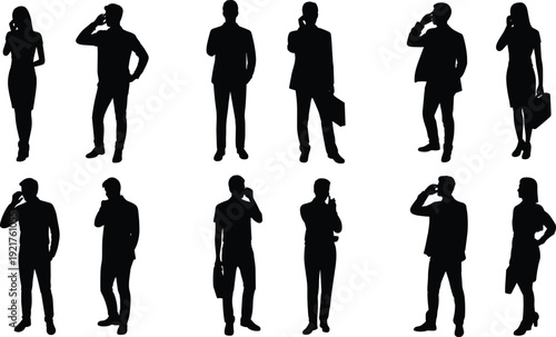 Silhouettes of people talking on phones in various poses and outfits standing