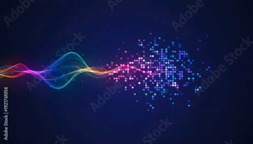 A fluid, rainbow-colored wave of light undulates across a deep blue background, gracefully disintegrating into a cloud of scattered, sparkling blue digital pixels, symbolizing data transformation and 