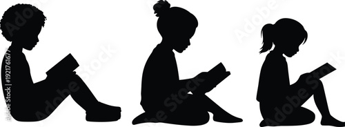Silhouette children reading books, education concept, childhood literacy, learning posture, study habits, black white vector, school illustration, knowledge growth