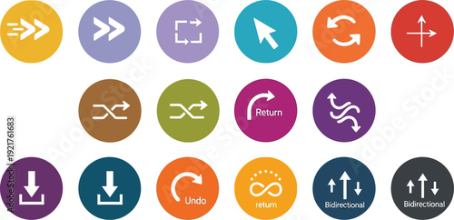 Collection of fifteen vibrant circular navigation and interface icons displaying various directional arrows, cursors, and operational symbols.