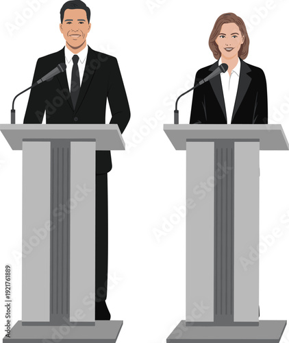 Silhouette debate podium illustration with speakers, microphones, formal suit, blazer, professional discussion, political speech, press conference vector design