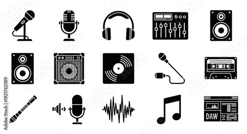 Collection of audio equipment and music symbols.