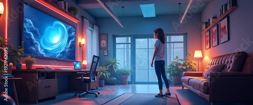A woman gazes at a mesmerizing digital vortex on a wall screen, with plants swaying gently in a modern living room; the camera slowly pans, capturing the cinematic ambiance.