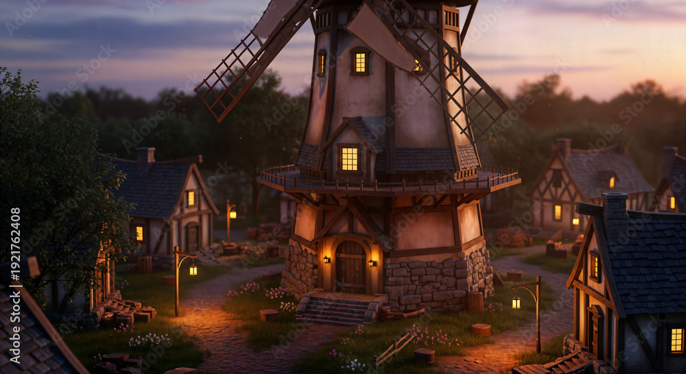 Fototapeta premium Fantasy village windmill at dusk, medieval fairytale town with glowing windows, cozy cottages, magical storybook landscape, cinematic evening sky illustration