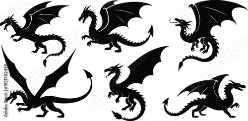 Six black silhouette dragons in various dynamic poses with wings spread and tails curled