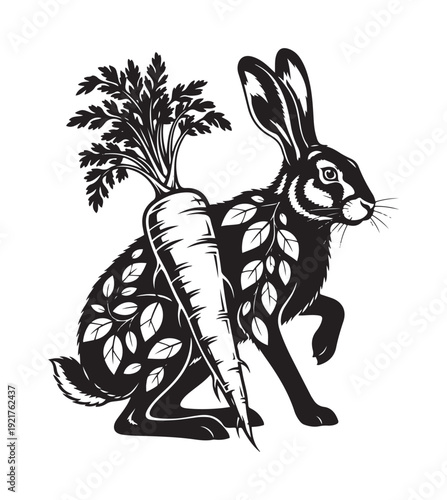 Rabbit Illustration with Carrot Black White.