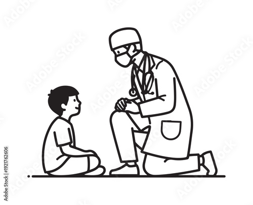 Doctor Kneeling Beside Sitting Young Patient.