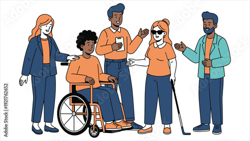 Inclusive community vector illustration. People welcoming and interacting with individuals with disabilities. Diversity and accessibility concept