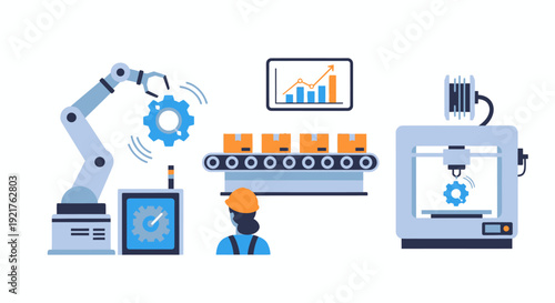 Industry 4.0 Smart Manufacturing & Automation Concept. Robotic Production, Conveyor Belt Logistics, 3D Printing, Data Analytics & Human Oversight