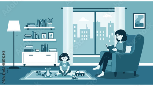 Mother and daughter playing at home. Children’s toys, living room interior, and father working remotely. Family and childcare vector illustration