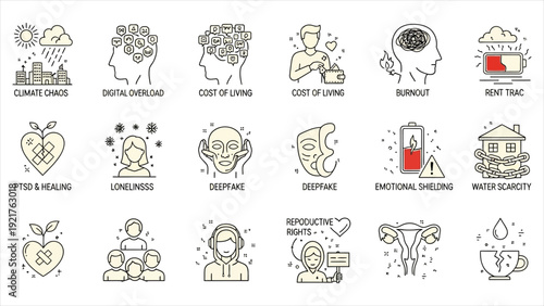 Social issues doodle icons. Burnout, digital overload, loneliness, deepfake, rent trap, and cracked heart. Black-and-white vector illustrations for mental health.