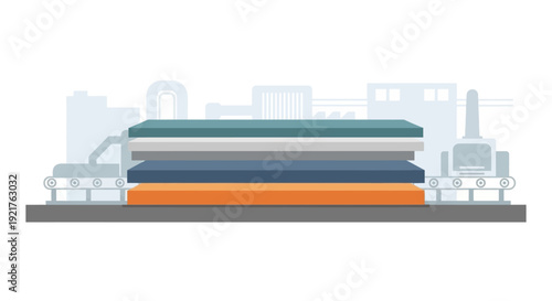 Flat Design Manufacturing Process: Layered Materials on Conveyor Belt in Industrial Factory