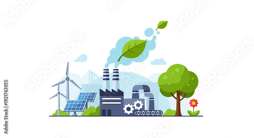 Green Industrial Transformation: Eco-Friendly Factory Embracing Renewable Energy, Solar Panels & Wind Turbines for Sustainable Production