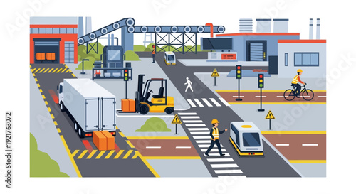 Industrial Logistics Hub: Modern Warehouse Operations, Transportation with Trucks, Forklifts, Autonomous Vehicles & Workers in an Urban Setting