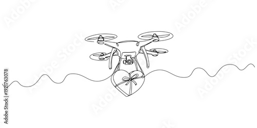 Continuous single line drawing of a drone carrying a love symbol, line art style illustration.