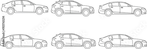 Car side view line art illustration set featuring sedan and hatchback models, modern automobile outlines isolated vector collection design