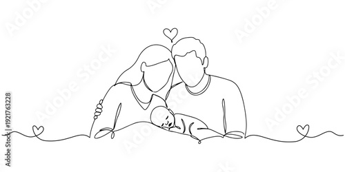 Continuous single line drawing of parents watching a sleeping baby with a heart above it, a peaceful moment of love. Line art style illustration.