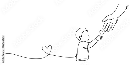 Continuous single line drawing of a child handing a heart to a parent, a love gesture icon. Line art style illustration.