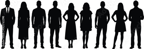 Diverse business people silhouettes, men women in formal casual mix, suits dresses shirts jeans, standing confident professional team group vector illustration set
