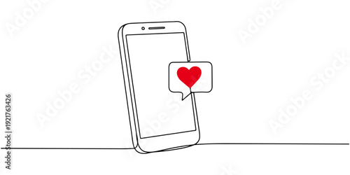 Continuous single line drawing of a cell phone with love notification, line art style illustration.