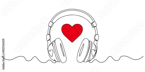 Continuous single line drawing of a headset with love, Line art style illustration.