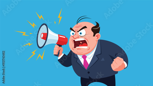 Angry boss businessman in a suit shouts through a loud megaphone with yellow lightning symbols to express his intense rage.