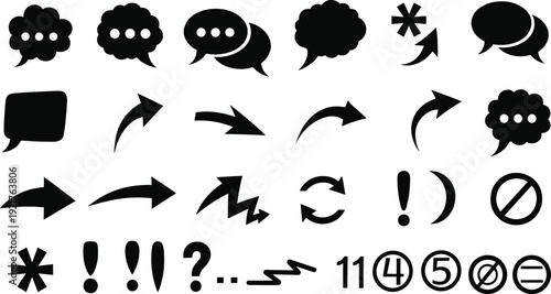 Doodle black hand drawn arrows, speech bubbles, exclamation marks, and number icons isolated on white background for design.