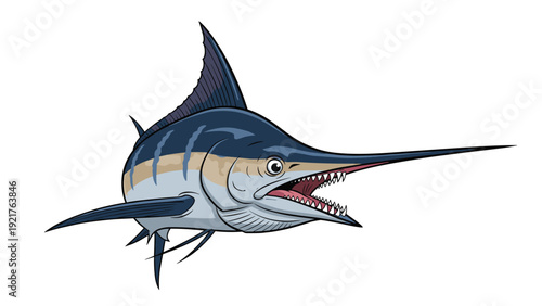 Powerful blue marlin with its iconic sharp bill and striped body swims through the deep ocean, showcasing the beauty of marine life and sport fishing.