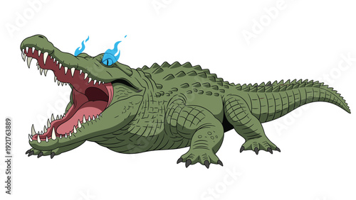 Ferocious green crocodile opens its massive jaws wide, featuring mystical blue flames in its eyes to create a powerful and supernatural monster look.