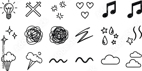 Hand drawn comic icons, light bulb idea, music notes, heart symbols, tangled scribbles, vector illustration isolated on white background