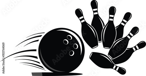 Bowling ball hitting pins with dynamic motion splash, black silhouette sports illustration isolated on white background for competition concept