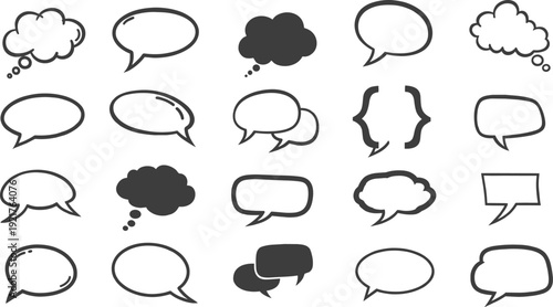 Hand drawn speech bubbles, comic thought clouds, blank chat balloons, bracket boxes, vector illustration isolated on white background, sketch style