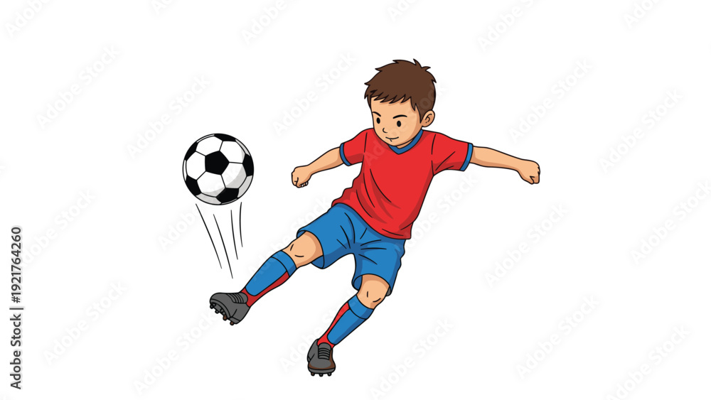 Naklejka premium Energetic young boy in a red shirt and blue shorts kicks a soccer ball high into the air, demonstrating his athletic passion for the popular sport.