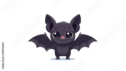 Adorable small black bat with large expressive eyes and tiny wings stands with a friendly smile, perfect for a cute Halloween themed illustration.