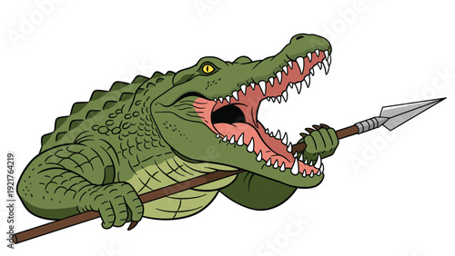 Fierce green crocodile warrior with its jaws open wide holds a long spear, ready to defend its territory in a fantasy or mythological setting.