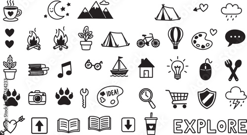 Collection of flat design lifestyle and activity icons isolated on transparent background