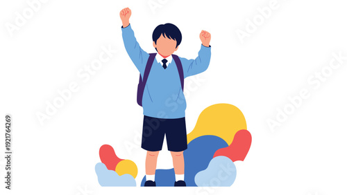 Joyful schoolboy with a purple backpack raises his fists in a victory gesture, celebrating a successful school day or an achievement at school.
