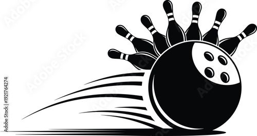 Bowling ball striking pins in motion, dynamic silhouette sports illustration isolated on white background for competition concept design