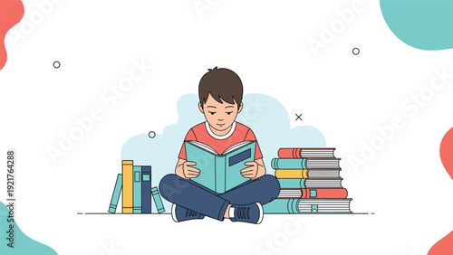 Focused young boy sits on the floor surrounded by tall stacks of colorful books while reading a light blue book, deeply immersed in his studies.