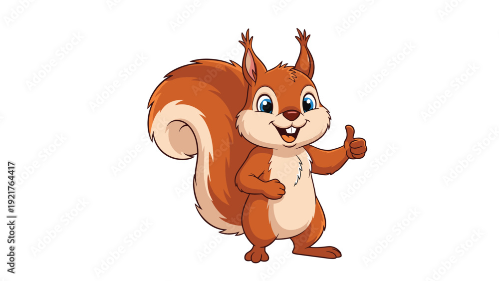 Fototapeta premium Happy reddish brown squirrel with a bushy tail stands with a big smile and gives a positive thumbs-up gesture, symbolizing success and joy.