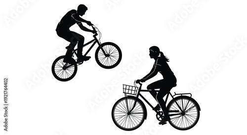 Silhouette of a Man Performing a Stunt on a Mountain Bike and a Woman Riding a City Bicycle for Fitness Lifestyle and Transportation