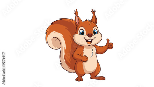 Happy reddish brown squirrel with a bushy tail stands with a big smile and gives a positive thumbs-up gesture, symbolizing success and joy.
