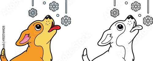 Curious Cartoon Puppy Catching Snowflakes Winter Pet Fun Illustration