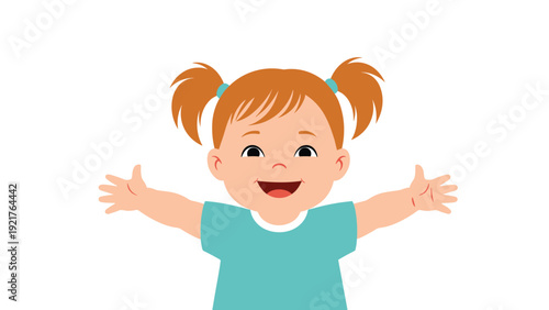 Joyful baby girl with red pigtails and a bright smile opens her arms wide for a hug, expressing pure happiness and childhood innocence.