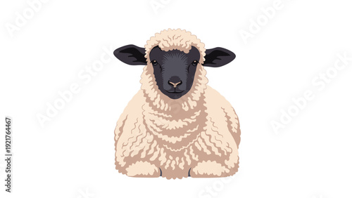 Peaceful white sheep with a black face and thick wool sits comfortably, representing rural farm life and the source of natural textile fibers.