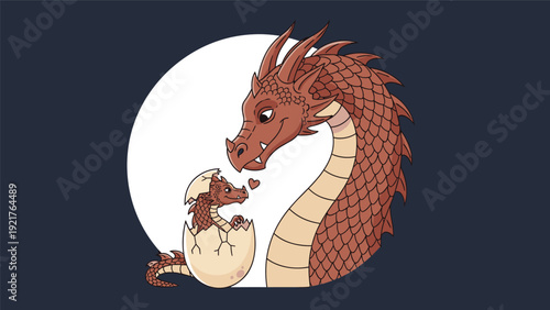 Gentle large red dragon looks down lovingly at its newly hatched baby dragon emerging from an egg, showing a touching moment of parental care.