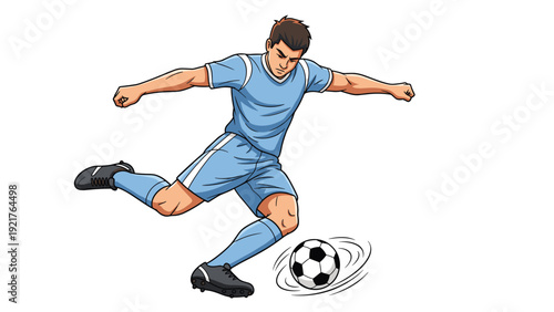 Professional soccer player in a blue uniform executes a powerful kick as the ball spins with motion lines, showing his athletic skill and focus.